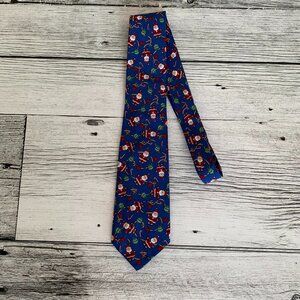 Vintage Christmas Tie Blue Red Santa Xmas Classic Necktie Handmade Vintage 80s
